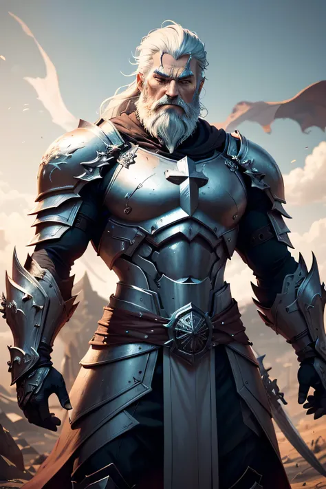 Standing tall amidst the battlefield, a figure emerges, a seasoned warrior with a white beard flowing and a cross emblazoned on his breastplate. Describe his steadfast gaze as he faces the chaos, his white armor gleaming under the sun, a symbol of his unwa...