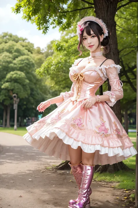 (nsfw), sexy golden Japanese princess, only 1 female, ((doll-like appearance)), short neon pink stylish hair, ((shiny Victorian-Style boots)), (big smile), ultra detailed eyes, vivid eye makeup, lipgloss, long lashes, defined eyebrows, ((sexy Paradise Kiss...