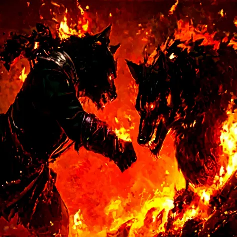 demonic looking cat and dog fighting over a fire with flames in the background, youtube thumbnail