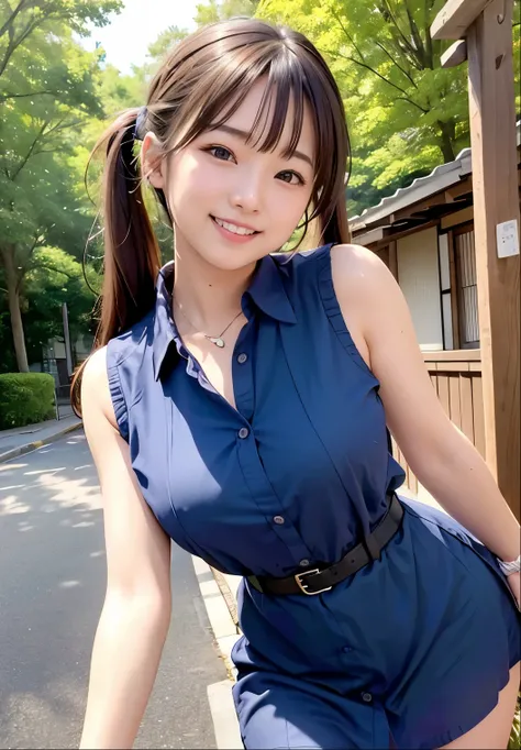 (highest quality,masterpiece:1.3,Ultra-high resolution),(Very detailed、Caustics) (Realistic:1.4, RAW shooting、)Ultra-Realistic Capture、Very detailed、Natural skin texture、masterpiece、(Japanese woman wearing a sleeveless navy button-down shirt dress:1.3), Ri...