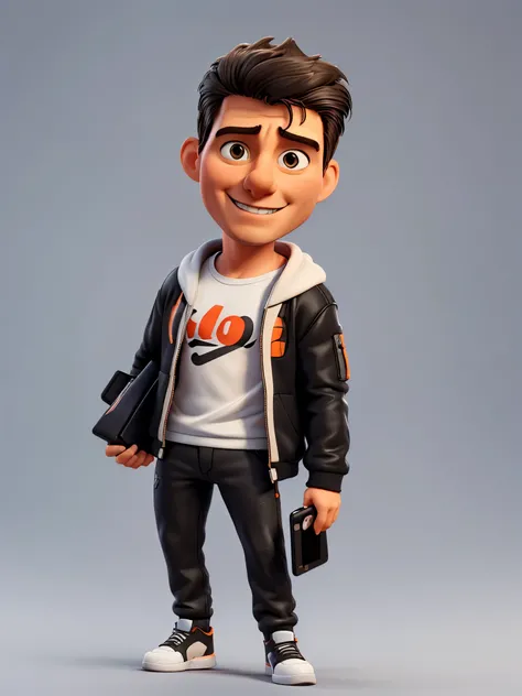 realistic 3D caricature with big head, tom cruise, black hair, beats headphones, black mix orange jacket and pants, white and orange Jordan’s, holding a smartphone 