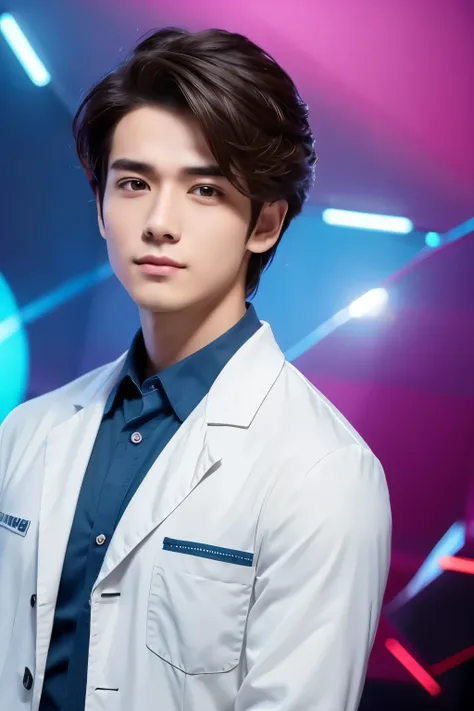 Doctor　Attractive young man　Hairstyle is center part　Fantastic Background　Macho 