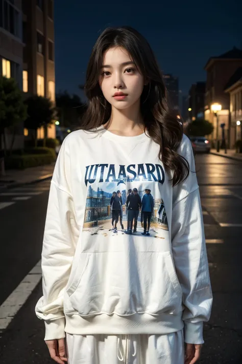 8k, One girl, beautiful, Messy Hair, white Extra large size sweatshirt, Extra large size_shirt, Sweat pants, Night Street, close, View the viewer, (Realistic:1.2), (Ultra-realistic:1.3), (Very detailed:1.1), ((masterpiece)),