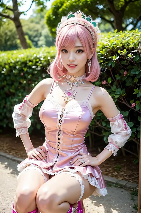 (nsfw), sexy golden Japanese princess, only 1 female, ((doll-like appearance)), short neon pink stylish hair, ((shiny Victorian-Style boots)), (big smile), ultra detailed eyes, vivid eye makeup, lipgloss, long lashes, defined eyebrows, ((sexy Paradise Kiss...