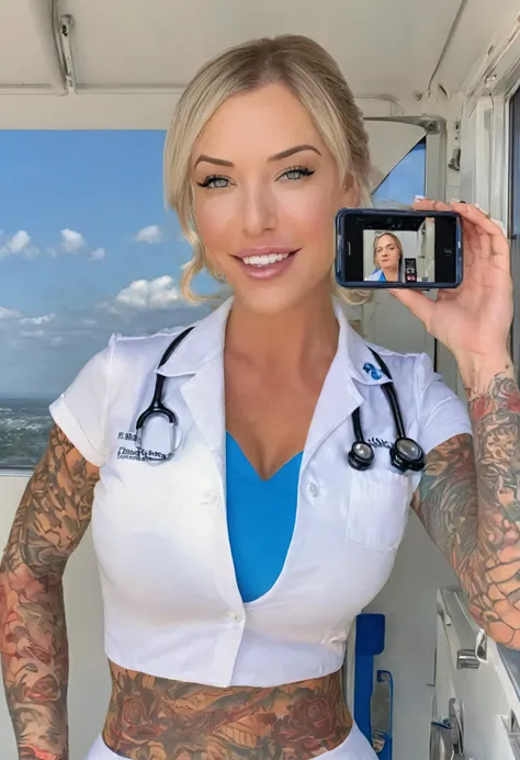 Laurence bedard in a nurse uniform holding a cell phone, wearing a nurse uniform with )petruing nipples:1.4), nurse ambulance lights shine on her face, brave nurse face, surgeon, bodycam, nurse uniform, full body camera shot, in blue uniform, (hard nipples...