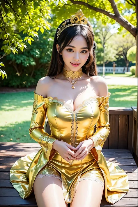 (nsfw), sexy golden Thai princess, only 1 female, ((doll-like appearance)), short fuchsia stylish hair, ((shiny Victorian-Style boots)), (big smile), ultra detailed eyes, vivid golden eye makeup, lipgloss, long lashes, defined eyebrows, ((sexy golden Parad...