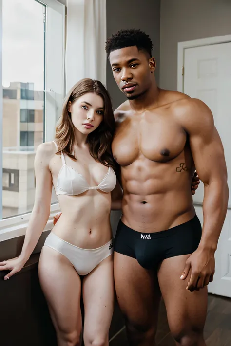 Pale White woman with a black man in underwear 