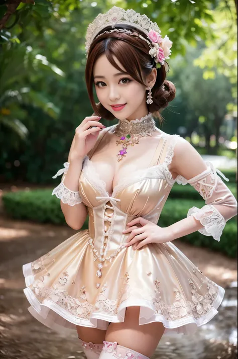 (nsfw), sexy stylish Thai princess, only 1 female, ((doll-like appearance)), short Auburn stylish hair, ((shiny Victorian-Style boots)), (big smile), ultra detailed eyes, vivid makeup, lipgloss, long lashes, defined eyebrows, ((sexy Paradise Kiss cosplay))...