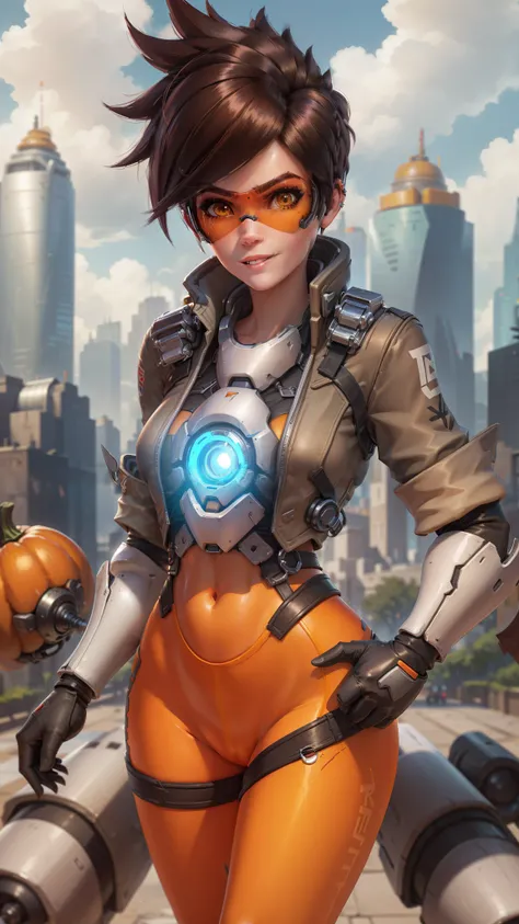 portrait of tracer, close up, gwen tennyson, tracer, overwatch, london, city park, futuristic city, mecha pilot, bodysuit, brown...