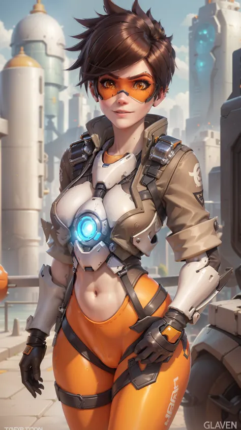 portrait of tracer, close up, gwen tennyson, tracer, overwatch, london, city park, futuristic city, mecha pilot, bodysuit, brown...