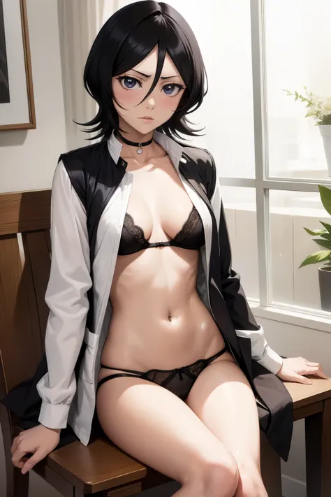 rukia ,solo 1girl , anime , masterpiece  , black color hair, jaqueta aberta open clothes ,flat  chest  ,no bra,  pantie  ,niplle...