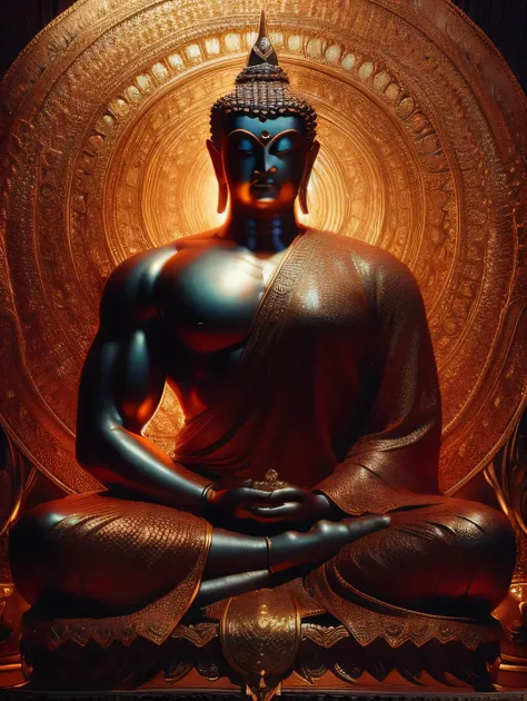 a strong and muscular buddha, standing on an iron lotus, detailed and realistic, cinematic lighting, vibrant colors, dramatic co...