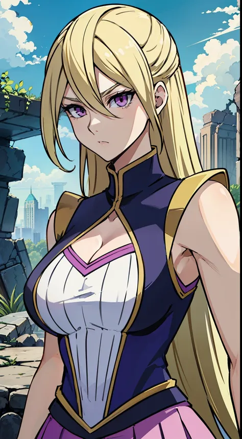 masterpiece, best quality,gloria tyler, blonde hair, purple eyes, serious, long hair, large breasts,sleeveless,pink skirt, (ruin...