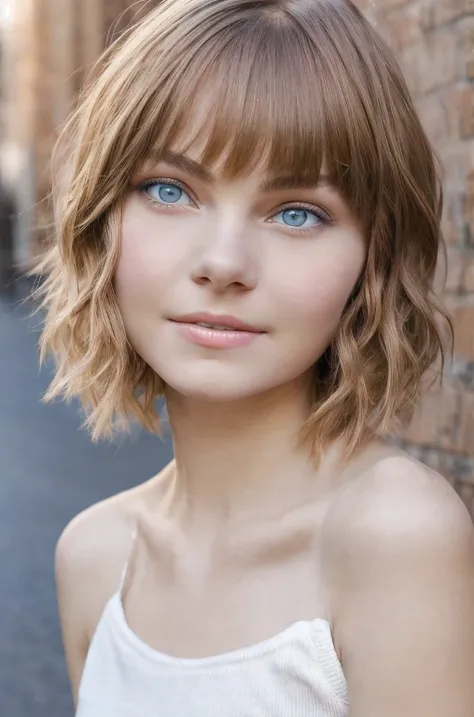 Short hair , in a light top and short leather skirt, short wavy blonde hair, короткие волосы with bangs, young Russian girl with a cute face (face Emma Myers in her youth), Portrait of a young girl with a cute beautiful face, French bob, White skin!!, shor...