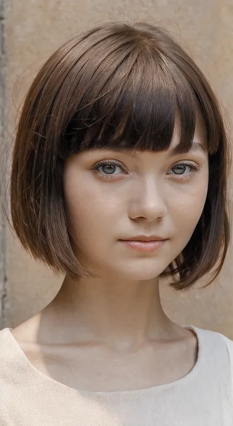 Short hair and white tight summer dress made of cotton,, short hair, short hair with bangs, young girl with a cute face, Portrait of a young girl with a cute beautiful face, French bob, White skin!!, Short brown hair and big eyes, soft portrait shot 8k, be...