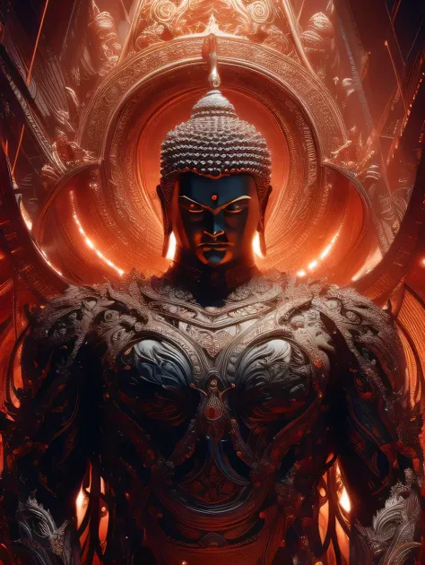 a strong and muscular buddha, set your moves against the devil on an iron lotus, detailed and realistic, cinematic lighting, vib...