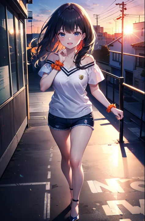 Rikka body, rikka takarada, Black Hair, blue eyes, Long Hair, orange Scrunchie, Scrunchie, wrist Scrunchie,happy smile, smile, Open your mouth,Cold shoulder tops,Short sleeve,Shorts,Stiletto heels,Walking,morning,morning陽,The sun is rising,So that the whol...