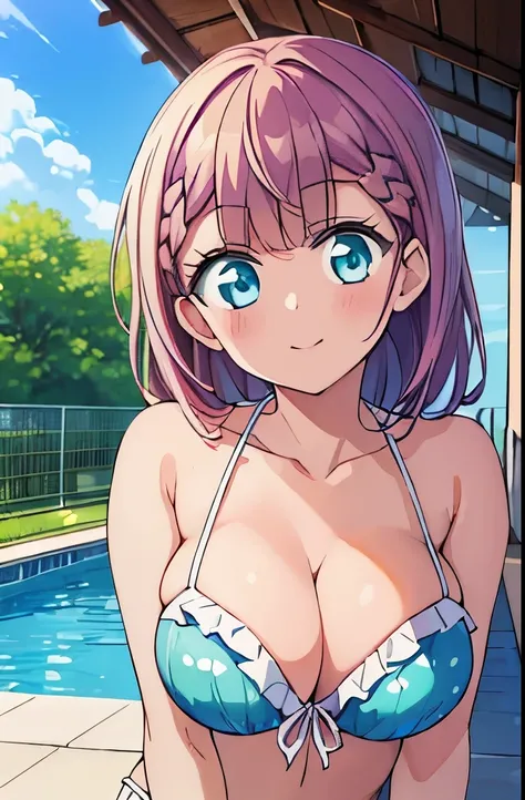 ((masterpiece)), ((best quality)), (ultra-detailed), anime style, pool, a cute girl, 1girl, solo, ((beautiful eyes)), smile, bikini00,