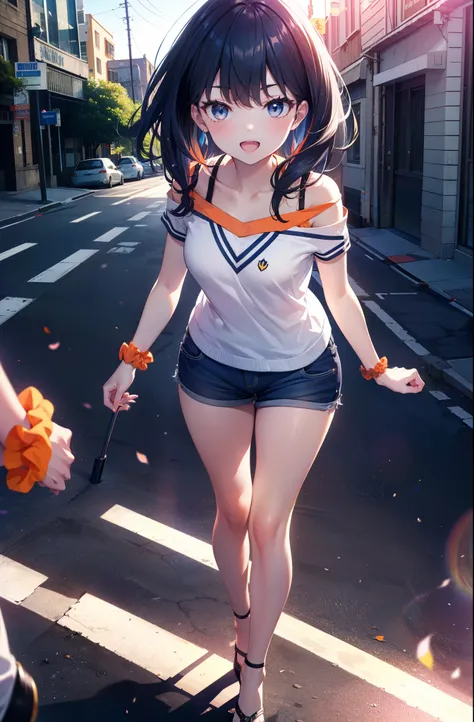 Rikka body, rikka takarada, Black Hair, blue eyes, Long Hair, orange Scrunchie, Scrunchie, wrist Scrunchie,happy smile, smile, Open your mouth,Cold shoulder tops,Short sleeve,Shorts,Stiletto heels,Walking,morning,morning陽,The sun is rising,So that the whol...