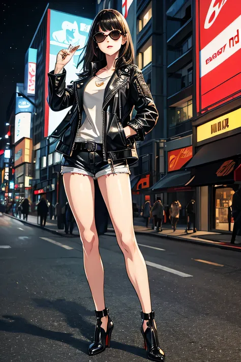 A woman standing in Shibuya at night,semi-long, Leather jacket and shorts, 24-years-old, Black Hair, High heels, Large Sunglasses, ((Very detailed)), (Perfectly detailed face), (Detailed and well-drawn hand) Photorealistic images.