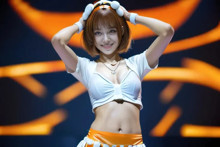 (An 18-year-old idol girl dancing on stage:1.5)、(Cute smile:1.2)、(The best quality at its best:1.4), (Super detailed), (Very detailed CG unified 16k), Beautiful woman with perfect figure: 1.4, Sharp focus: 1.2, Very detailed, High-quality RAW color photos,...