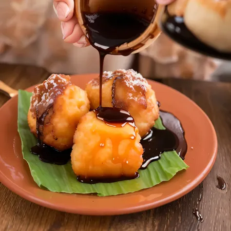 someone pouring syrup on a plate of food on a table, dessert, crisp detail, recipe, caramel, gooey, chocolate sauce, sweet, jajaboonords flipjimtots, bolero, yummy, tastes, crisp and sharp, easy, cheesy, battered, square, smoky, deep fried, stunning image,...