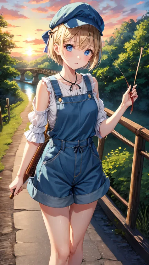 Man、short hair、blue eyes、overall outfit、solo、anime、camisole、forest、walking、Wearing a fiddler cap、Tilting your face、log bridge、Doing the ribbon、sunset sky、Stone bridge、train track