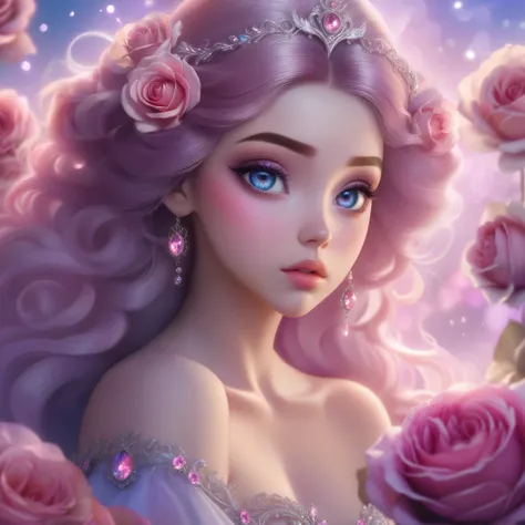 (This is a beautiful, soft, ethereal, and (romantic) fantasy image with a persistent pink aura, fairytale fantasy elements, and a lovely color palette.) Generate a beautiful  fairy woman with beautiful puffy lips and beautiful detailed eyes. Her glossy cur...