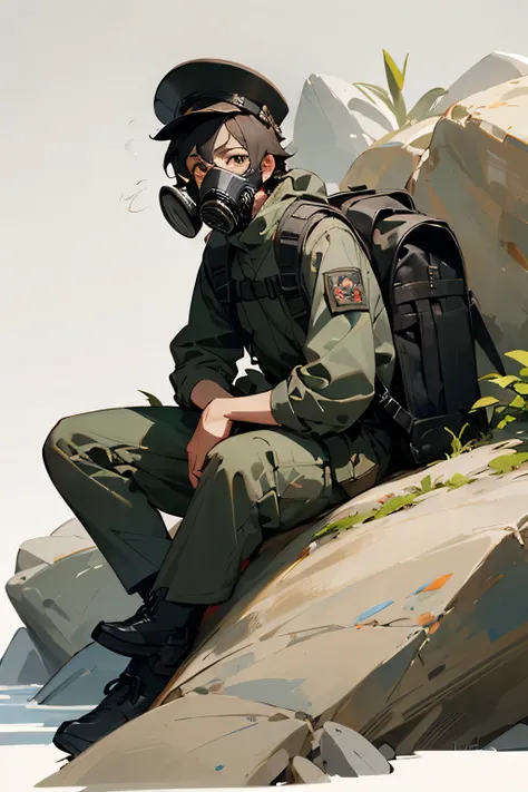 ((best quality)), ((masterpiece)), (detailed), perfect face young man sit in the rock use backpack use gasmask and hat background dark