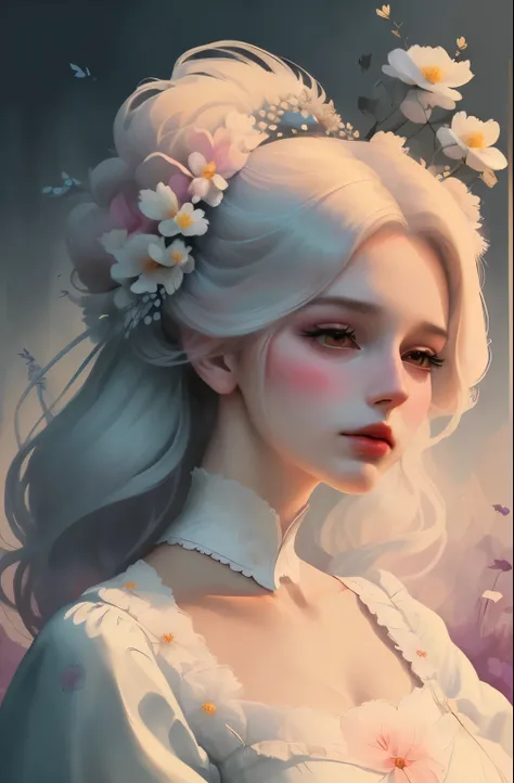 Imagem de uma mulher com flores em seu cabelo, pintura digital elegante, bela arte digital linda, bela arte digital, exquisite digital illustration, beautiful digital illustration, retrato bonito detalhado, linda arte digital, bela imagem de retrato, beaut...