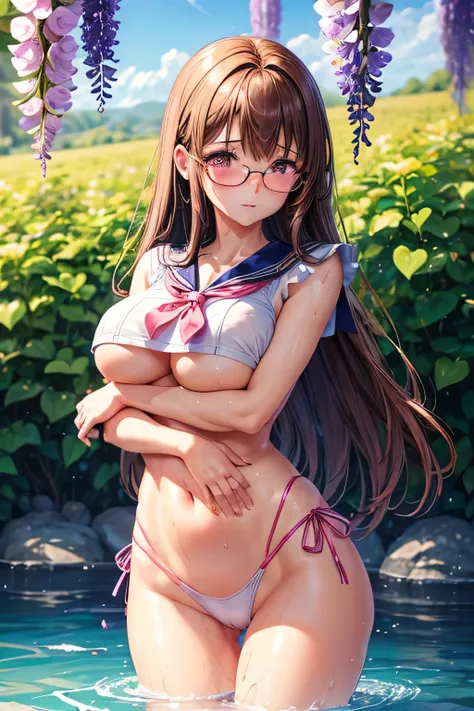 (Very detailed, highest quality, Anatomically perfect body), One girl, Anime Girls, Brown long hair, Brown eyes, Pink Glasses,heart shaped pupils,Sunburned skin, Large Breasts,beautiful breasts,pointy breasts,(Big Ass),Embarrassed,sweat,Sailor suit,Wisteri...