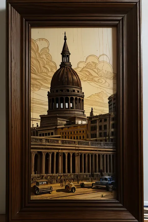 Pyrography technique on wood. Crafts with Dimensions of 3 inches wide and 12 inches long vertical image of Havana urban landscape with the Havana capitol in the background and antique car