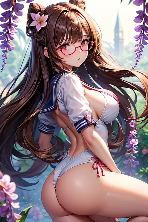 (Very detailed, highest quality, Anatomically perfect body), One girl, Anime Girls, Brown long hair, Brown eyes, Pink Glasses,heart shaped pupils,Sunburned skin, Large Breasts,beautiful breasts,pointy breasts,(Big Ass),Sailor suit,Wisteria flower,,at flowe...