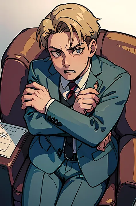 agent_twilight, fear expression, scared, sitting, lookin at viewer, chair, from above, pov, hugging himself, blonde hair, grey suit, jacket, masterpiece, best quality, 1990s style