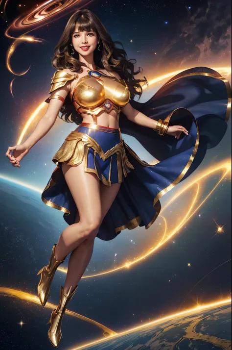 Supergirl, 27 years old, full body view Beautiful woman (((shoulder length wavy brunette hair, two side up with bangs))) defined body, Red lipstick, smiling, hands free, standing facing camera, (( short sleeve, two piece knee length sparkling gold futurist...