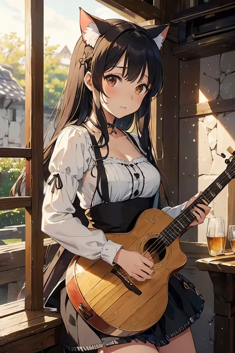 (obra de arte, melhor qualidade:1.2), a well-dressed music nekomimi woman, adornado em roupas medievais com tons roxos seletivos...