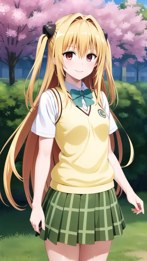 masterpiece, best quality, highres, Konjiki no Yami, very long hair, two side up, hair ornament, , green bowtie, white shirt, sweater vest, yellow vest, short sleeves, plaid skirt, green skirt, standing, cowboy shot, smile, outdoors