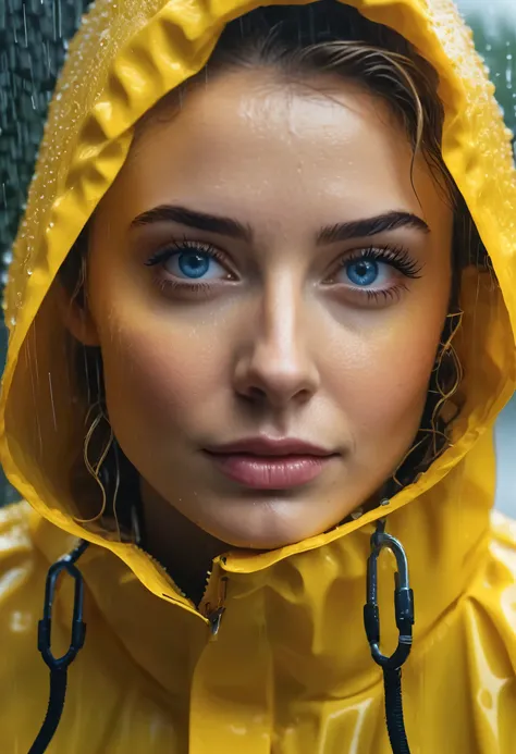 a young woman in a yellow rainsuit, in rain, cute face,fair skin,detailed facial features,blue eyes,detailed lips,detailed nose,longeyelashes,(best quality,4k,8k,highres,masterpiece:1.2),ultra-detailed,(realistic,photorealistic,photo-realistic:1.37),vibran...