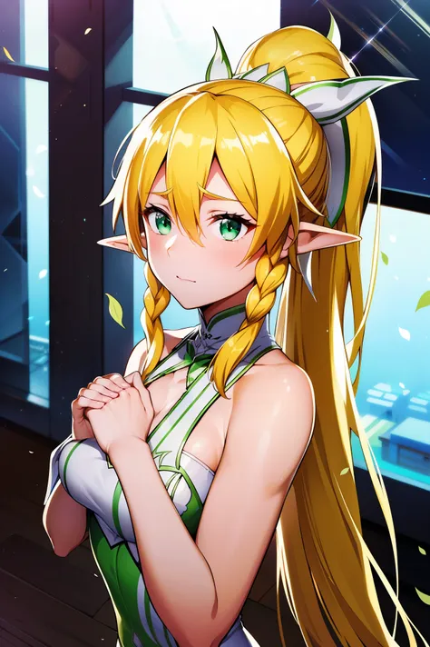 realisitic、top-quality、(((leafa))), blonde hair, long hair, green eyes, pointy ears,twin braids, hair between eyes,ponytail, ver...