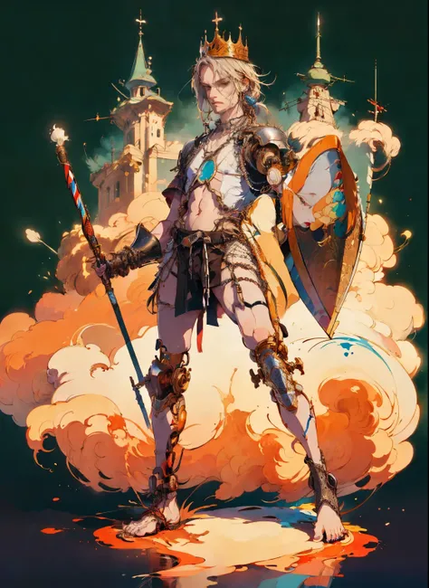 perfect proportions, anatomically correct, (head to toe: 2.0), (full body image: 2.0), solo, extremely stylized, deviant art, masterpiece, highly detailed, detailed eyes, expressive detailed eyes, detailed pupils, futuristic, ((wearing a crown)), ((holding...