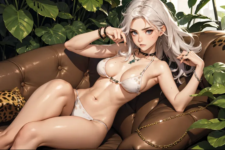 （lifelike， high - resolution：1.3）， 1 girl with a perfect body，slender body, Super fine face and eyes，assasin, dark makeup, shiny skin，white hair, (jungle bikini, cheetah print micro bikini)，Expose cleavage, (bracelets, tooth jewelry, a lot of necklaces, ve...