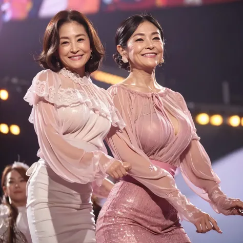 ((highest quality)), ((8K)), ((masterpiece: 1.3)), (Perfect appearance), (Photorealism: 1.6), (A woman standing in the middle of the stage: 1.8), (60 years old, Japanese Mature), (Blurred Background: 1.8), ((Standing, Look forward, A woman on the right sid...