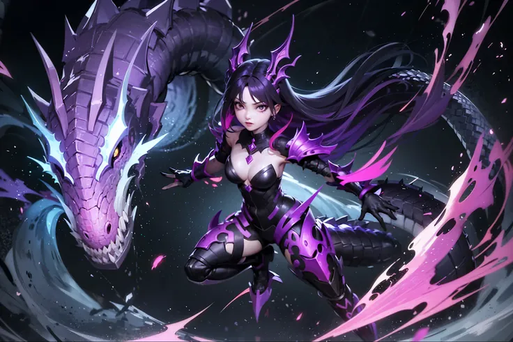 a girl fused with a dragon. image color is black. purple hair. bikini armor. a dragon's neck from her shoulder. scaly armor.