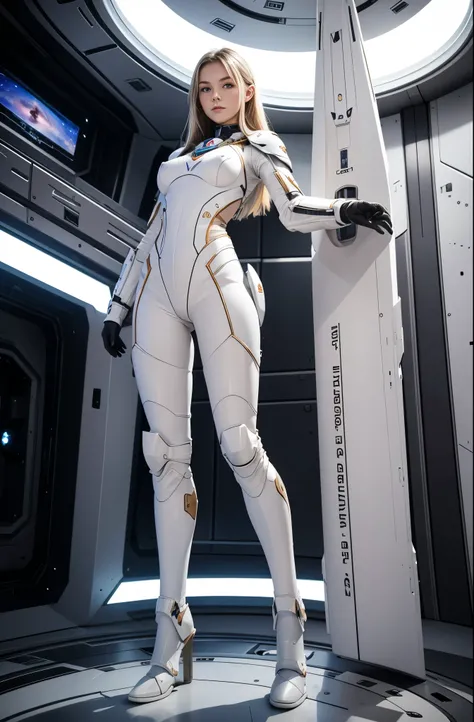 21 years old German woman, ((full body)), ((nude)), heavily armored in white color for fighting, beautiful chest, standing in the room of the space ship with her legs spread apart, from front below