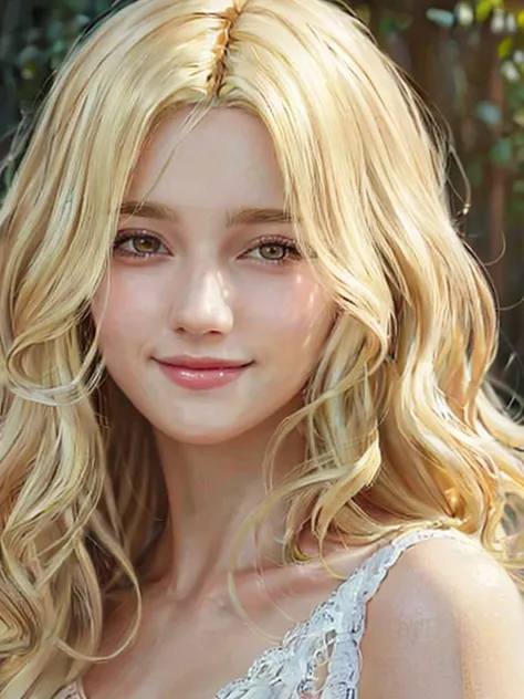 Close-up head, To the camera, Realistic digital painting of a woman portrait, Shy, Cute Smile, (Wavy medium Hair:1.1), (Blonde Hair:1.3), (Highly detailed skin:1.2), Mystical style, Global Illumination,