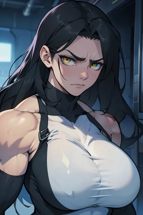 huge hair huge muscles huge breasts muscular girl huge hair huge muscles huge breasts muscular girl pale skin black hair yellow eyes sad frown expressionless