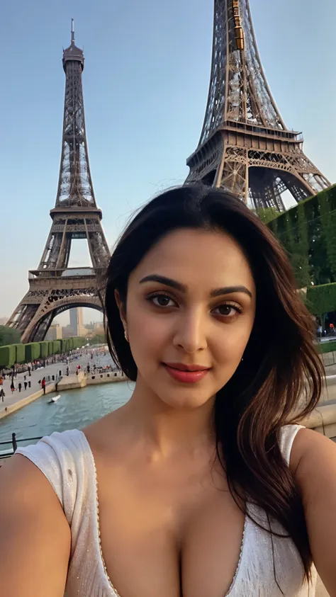 extreme close up photo of kiara, swooping breasts, deep cleavage, selfie with eiffel tower, look at camera, nipples, 4k, hd