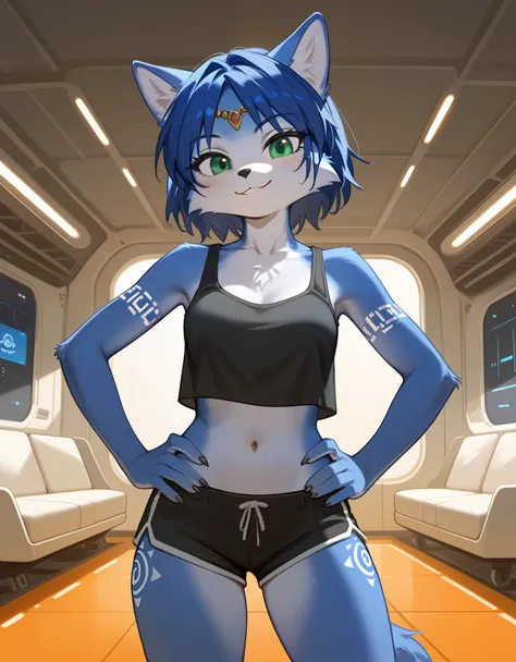 score_9,score_8_up,score_7_up, source_furry, krystal from starfox, green eyes, short blue hair, wearing black tank top, black sh...