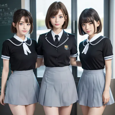 group photo、((layered haircut)),（8k，highest quality），full body shot，hots from a distance，school classroom，student，class，during c...