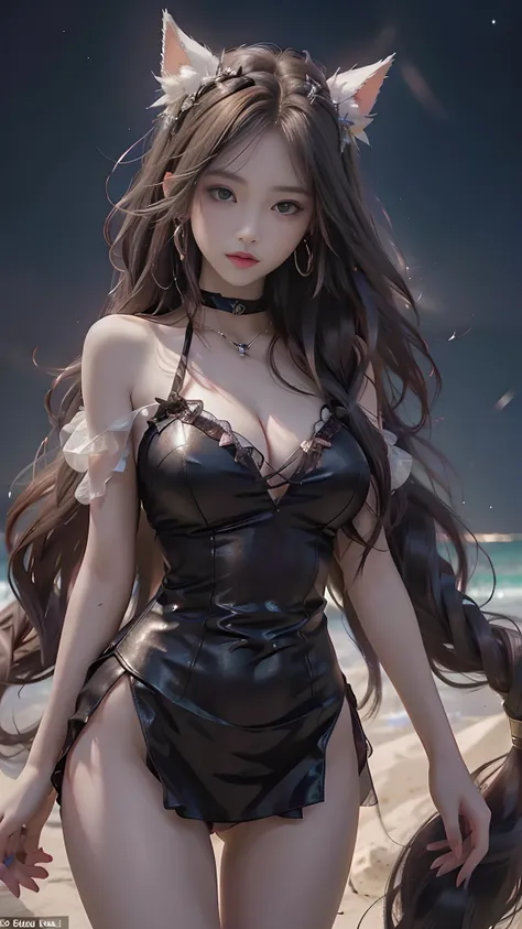 full hd 8k, Girl standing in front of a dark night scene, full moonlight reflecting on her beautiful face. Her long, silky hair was gently blown by the night wind, creating a gentle and romantic feeling. She is walking on a large beach. She looked up at th...